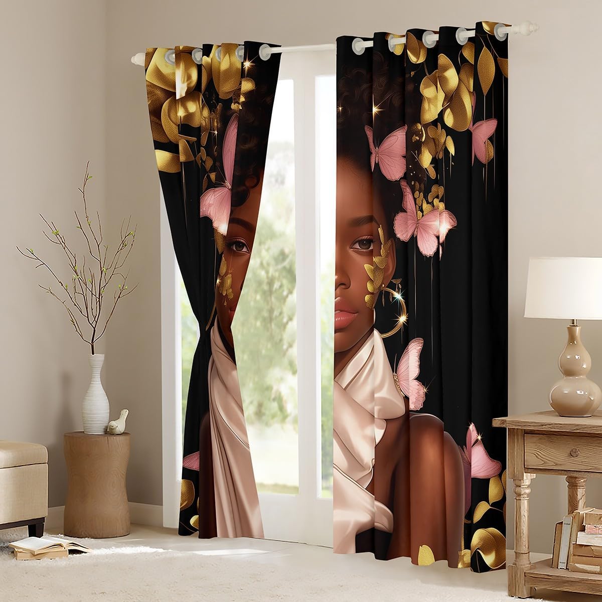 Manfei Black Princess Kids Blackout Curtain,Butterfly Glitter Stars Romantic Window Drapes for Girls Women,Afro American Style Girl Pink Golden Window Treatments Grommet Top 2 Panel Set,52Wx90L inch