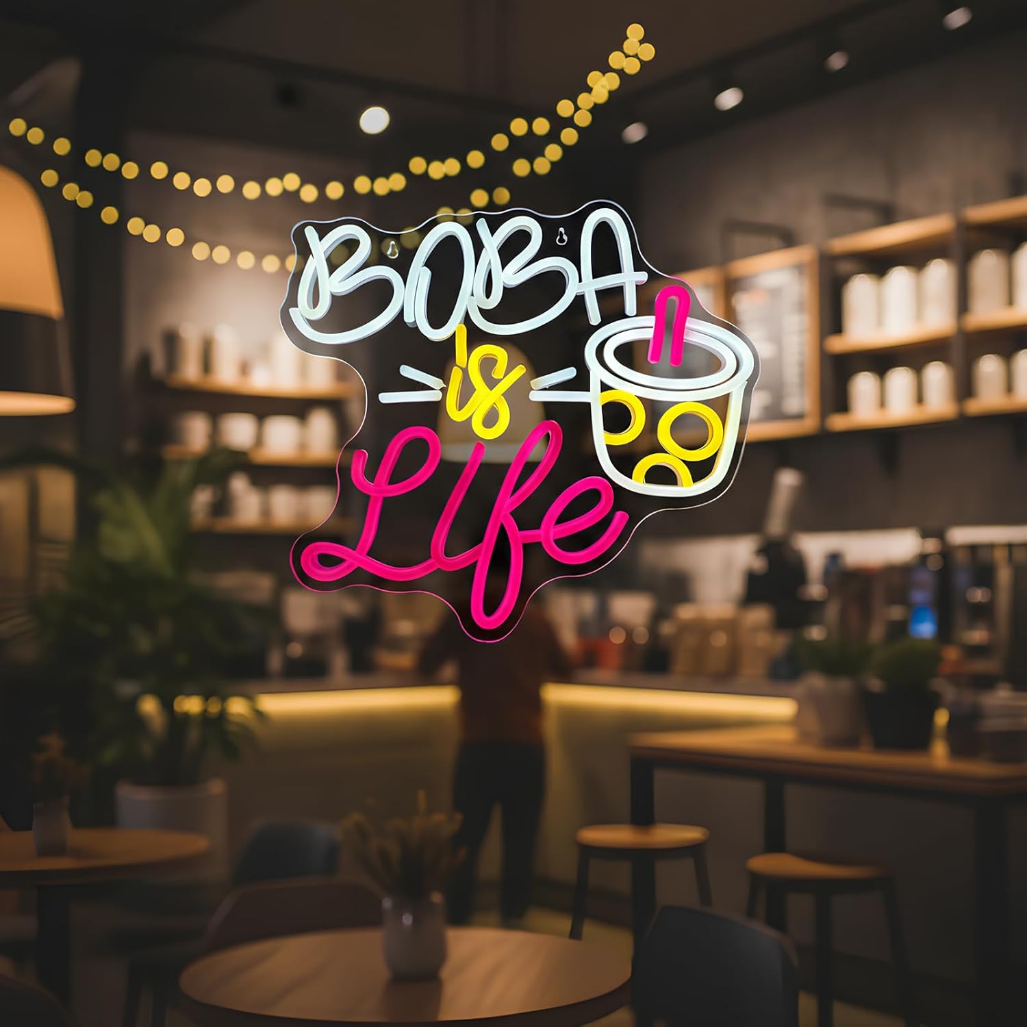 Bubble Tea Is Life Neon Sign 14.2″×13.7″, Dimmable LED Boba Tea Wall Light – Cute Cafe Decor for Milk Tea Shop, Boba Party Decorations, Dessert Bar, Gift for Boba Lovers