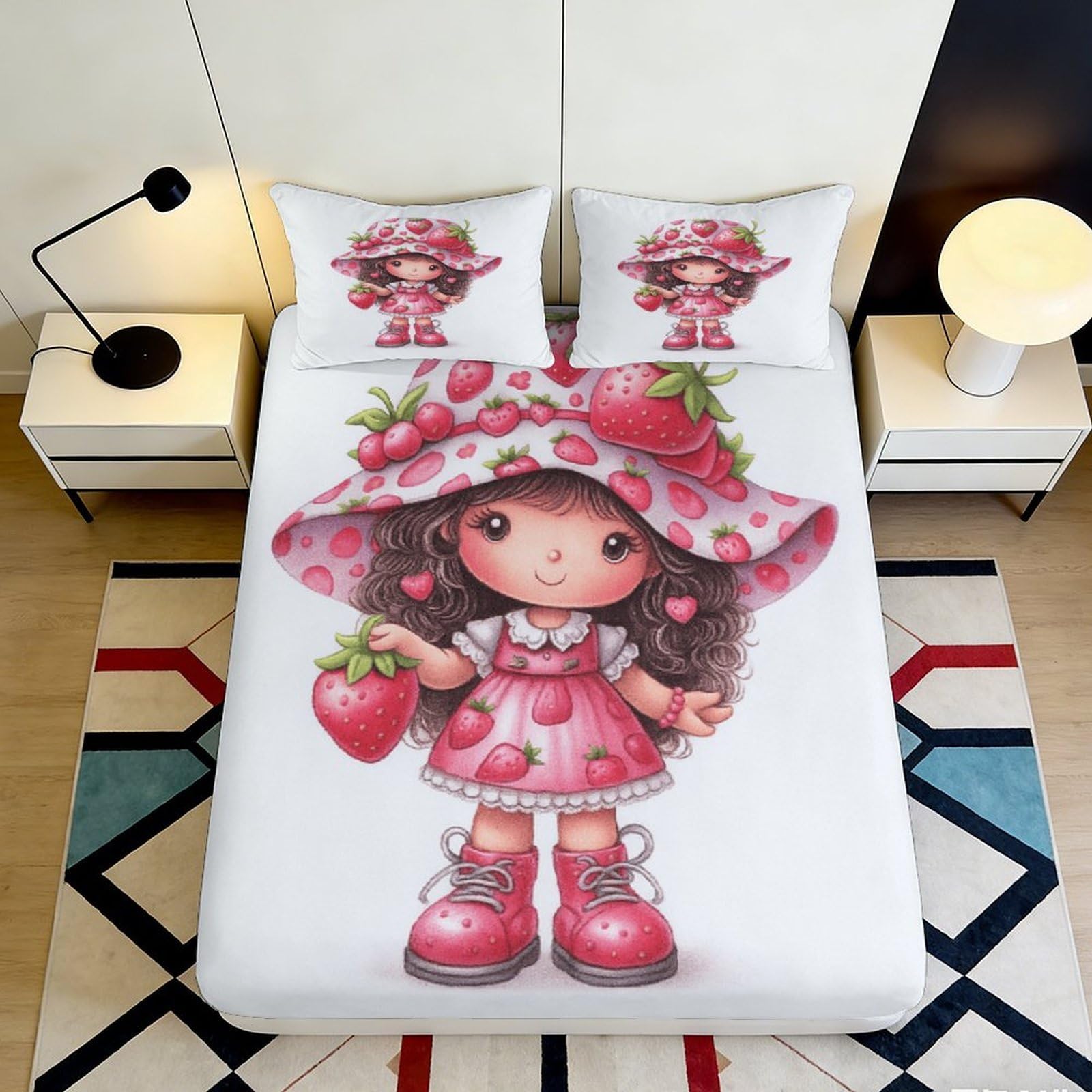 3D Printed Strawberry Girl Fitted Sheet Microfiber Deep Pocket Bedroom Bedding Strawberry Kid Mattress Fitted Cover Soft Washable 160x200x25cm