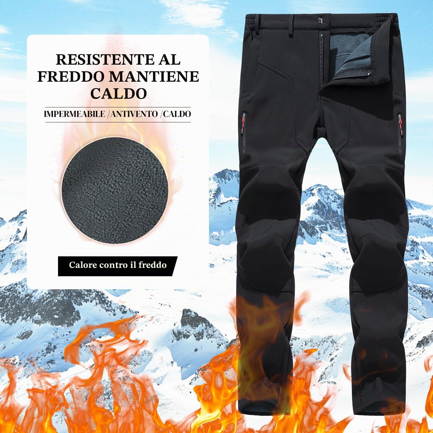 Uomo Outdoor Foderati in Pile Pantaloni Invernali Resistenti all'Acqua per la Pesca Passeggiate Escursioni Softshell Pantaloni da Sci