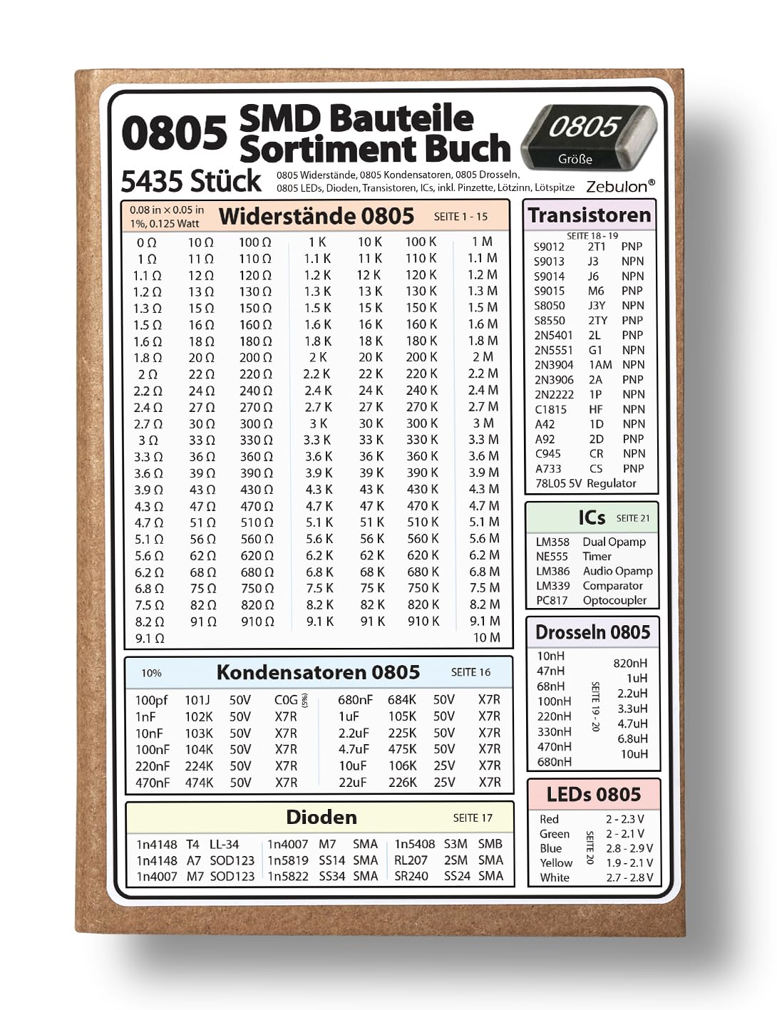 SMD SMT 0805 Elektronische Bauteile Set, 5435 Stück, Sortiment mit Widerständen, Kondensatoren, Dioden, Transistoren zum Löten