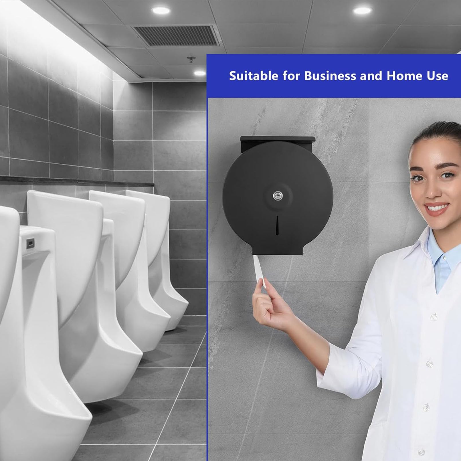 Dispensador de papel higiénico comercial montado en la pared con cerradura y estante para baño