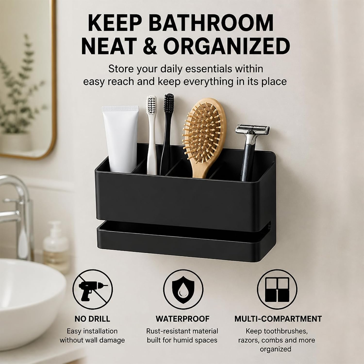 Vanity Organizer Set - Toothbrush Holder Wall - Rust Proof Hooks image 5