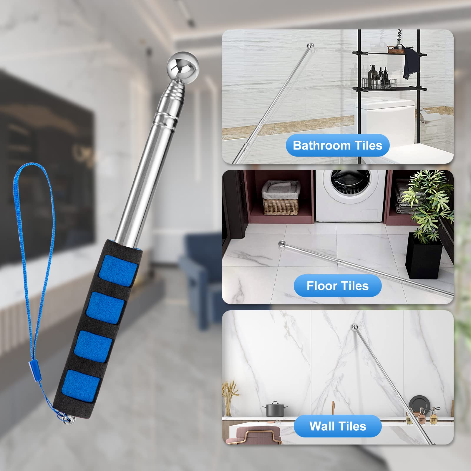 Martello a Tamburo Cavo Martello di Rilevamento Telescopica Regolabile Strumento di Ispezione della Casa per Piastrelle Pavimenti Soffitti Pareti Controllo 115 cm 2 Pezzi (Blu)