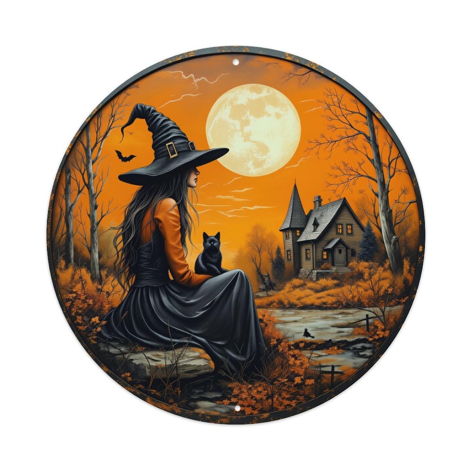 Witch Moon Cottage Cat Forest Round Tin Sign Retro Metal Sign for Cafe Bar Pub Home Game Room Gym Club Wall Decoration Vintage Metal Poster 8x8 Inch