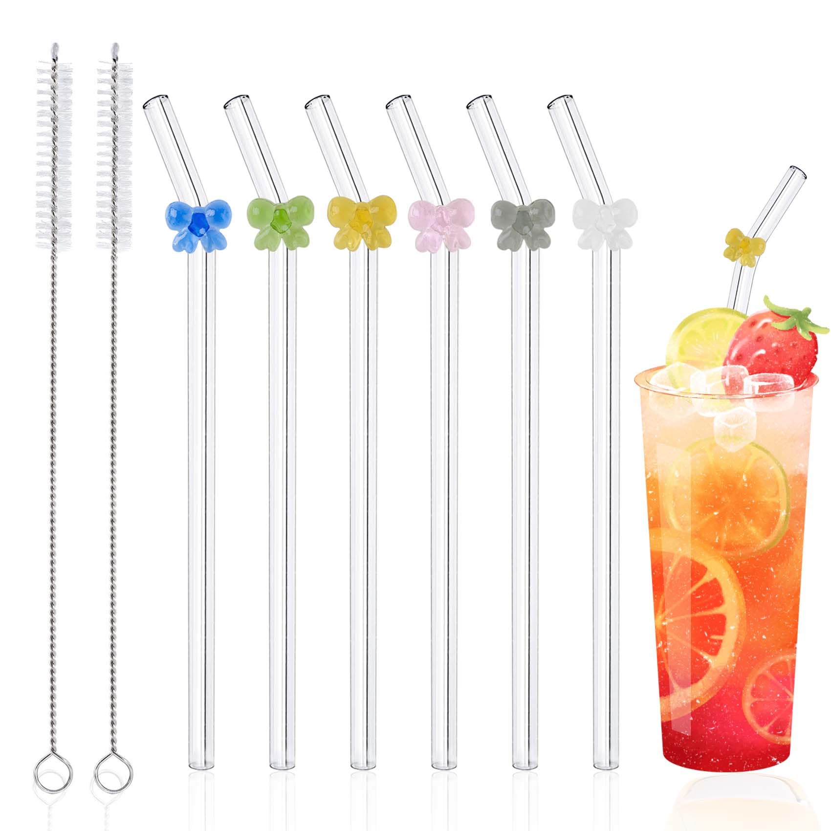 Glasstrohhalme mit Charms, wiederverwendbar, transparent, mit Schleifen, niedliche, bunte Glasstrohhalme, bruchfest, für Smoothies, Milchshakes, Saft, mit 2 Reinigungsbürsten, 6 Stück