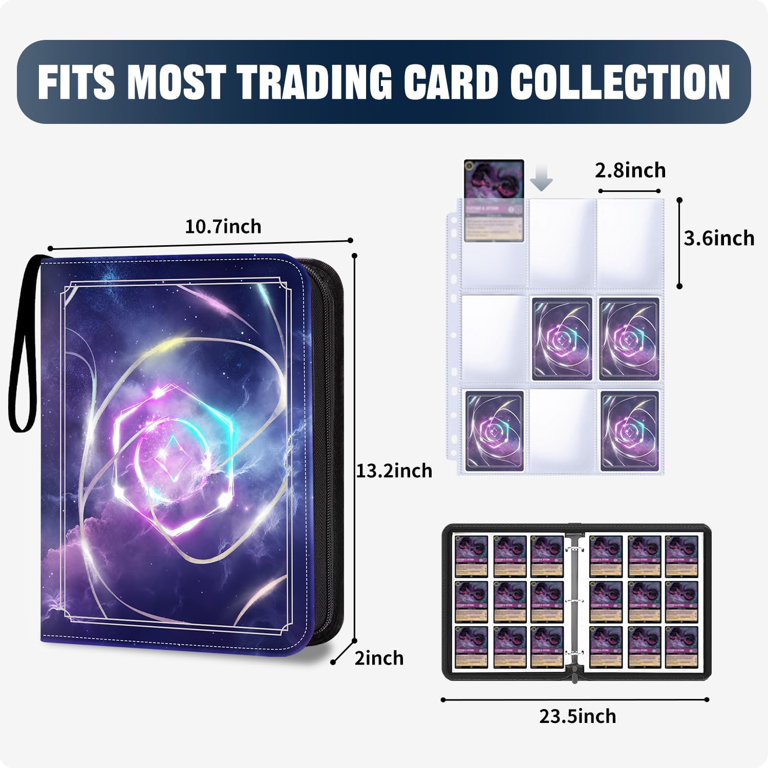 Card Binder for Lorcana Cards, Premium 9 Pocket Trading Card Album Fits 900 Cards with 50 Removable Sleeves Compatible with TCG, MTG, Sports, Game Trading Cards (Purple)
