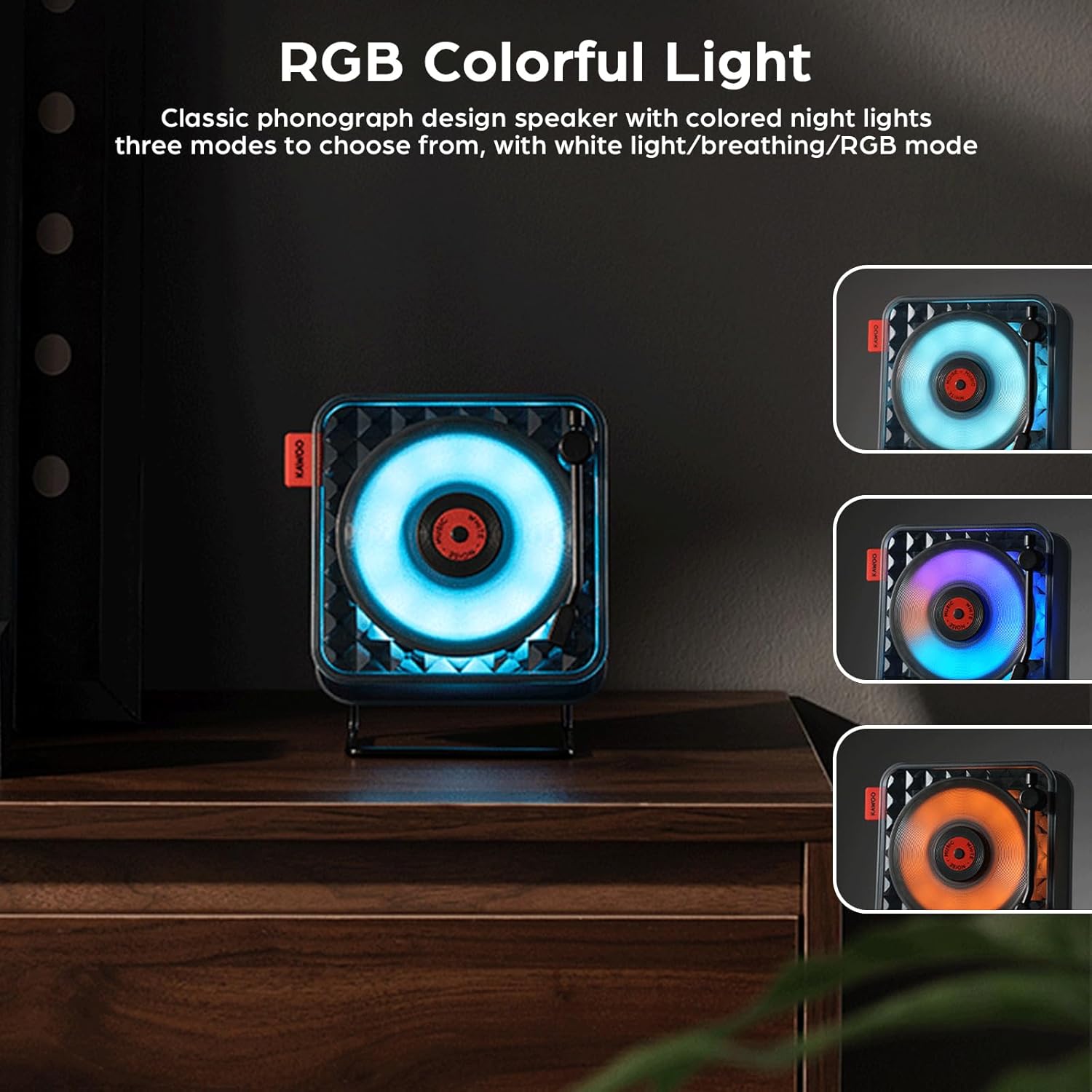 Generic KW02 Retro Bluetooth Speaker showing three different RGB light modes: blue, purple, and orange