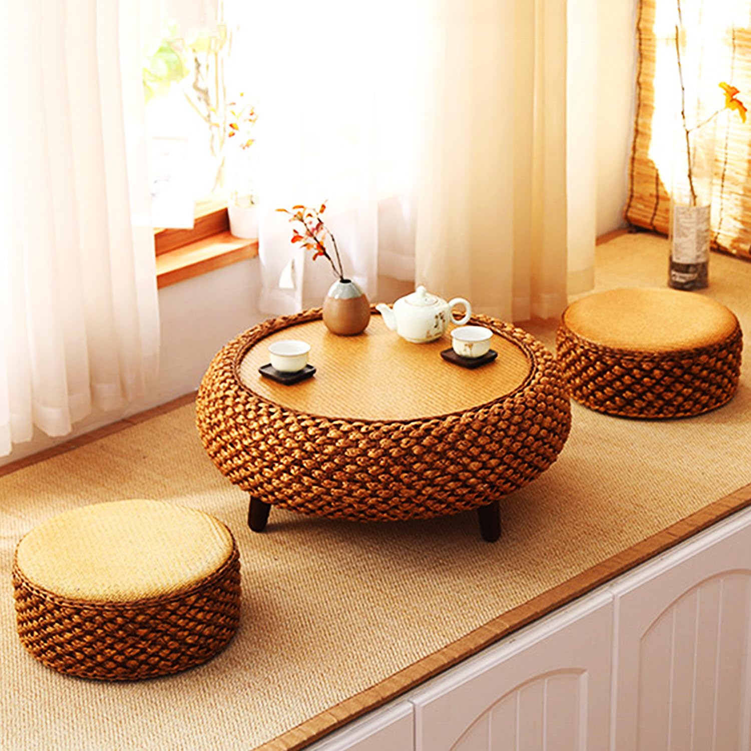 Table Basse Ronde En Bois Massif Style Tatami Japonais - 45x45 Cm - Pour Salon, Méditation, Bureau Bas - Décoration Zen