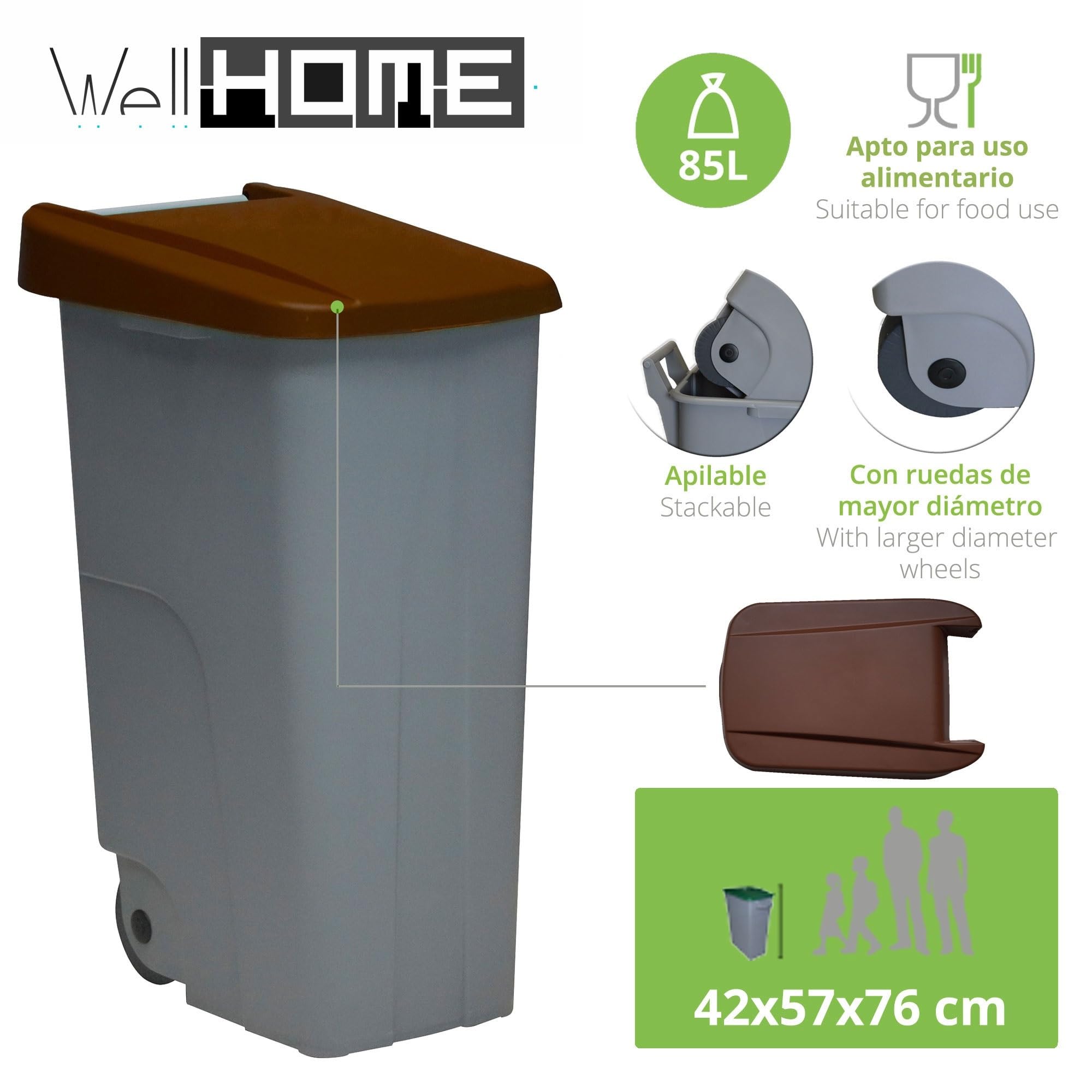 WELL HOME MOBILIARIO & DECORACIÓN Contenedor Cerrado 85L Marrón H.76cm + Rollo 10 bolsas de basura 100L