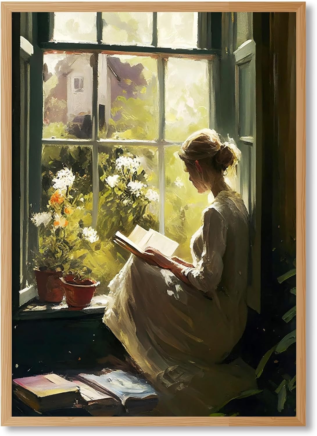Wooden Frame Vintage Wall Art Women Window Reading Books Decor Classic Literary Canvas Print Poster Famous Antique Girl Reading Nooks Painting Aesthetic for Bedroom Gallery Library 12x16inch