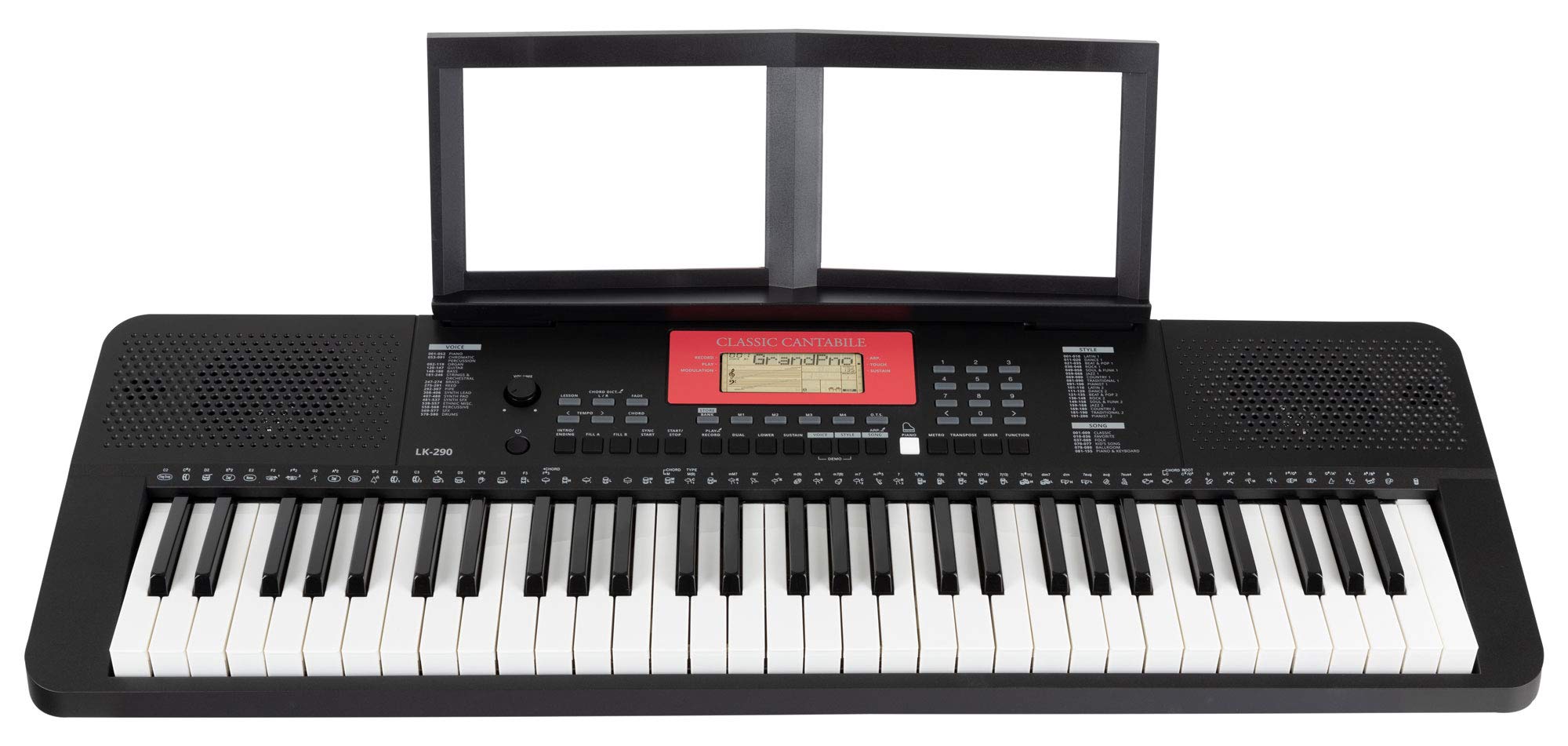 Classic Cantabile LK-290 Leuchttasten-Keyboard - 61 Tasten mit Anschlagdynamik - 580 Klänge und 200 Begleitrhythmen - Anschlüsse für Kopfhörer, Sustain-Pedal und MP3-Player - schwarz | 61 Tasten in Normalgröße mit roter LED-Beleuchtung, Anschlagdynamik (i