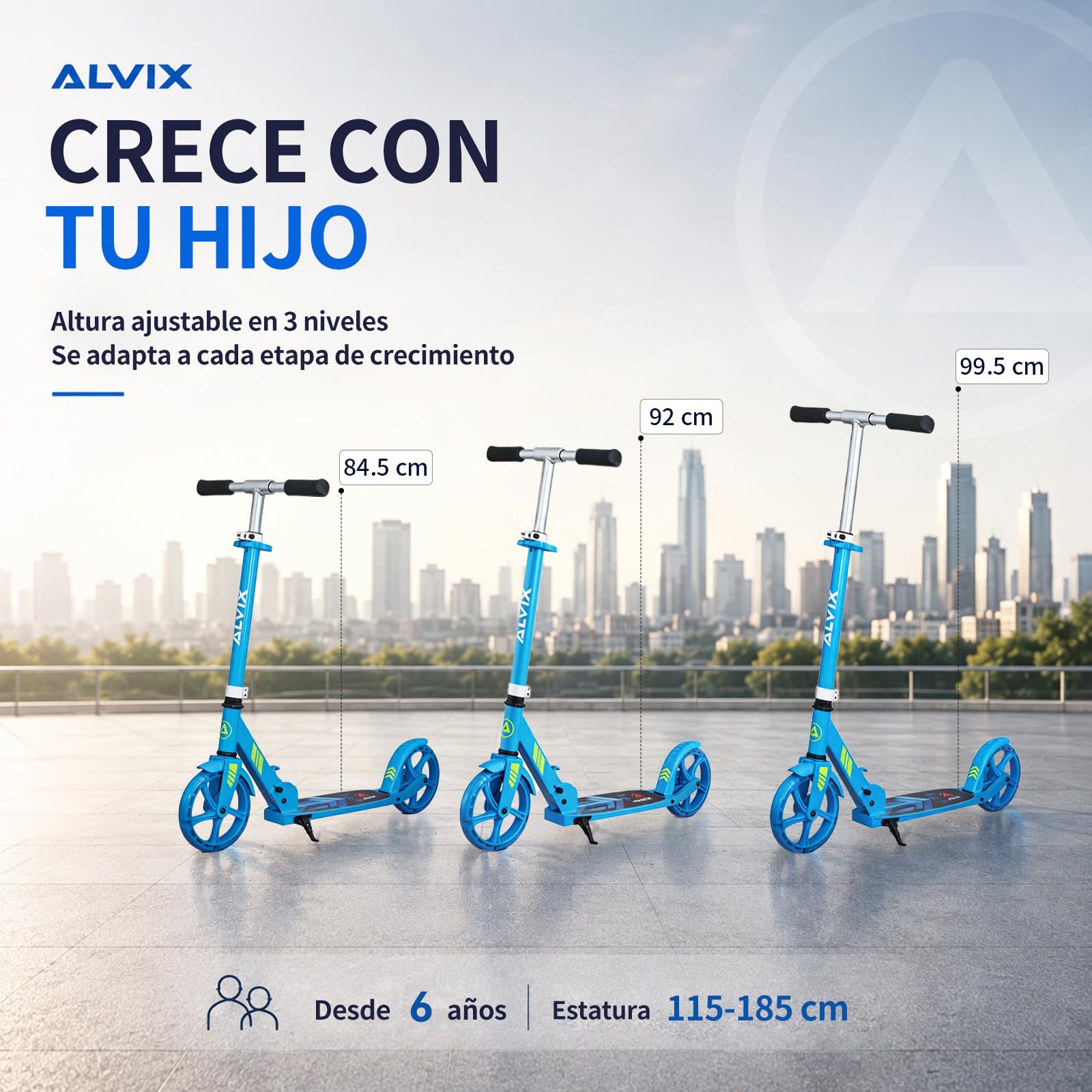 ALVIX Patinete infantil con ruedas LED, altura regulable a partir de 6 años, ruedas de 200 mm, patinete plegable con correa de transporte, plataforma ancha, hasta 100 kg
