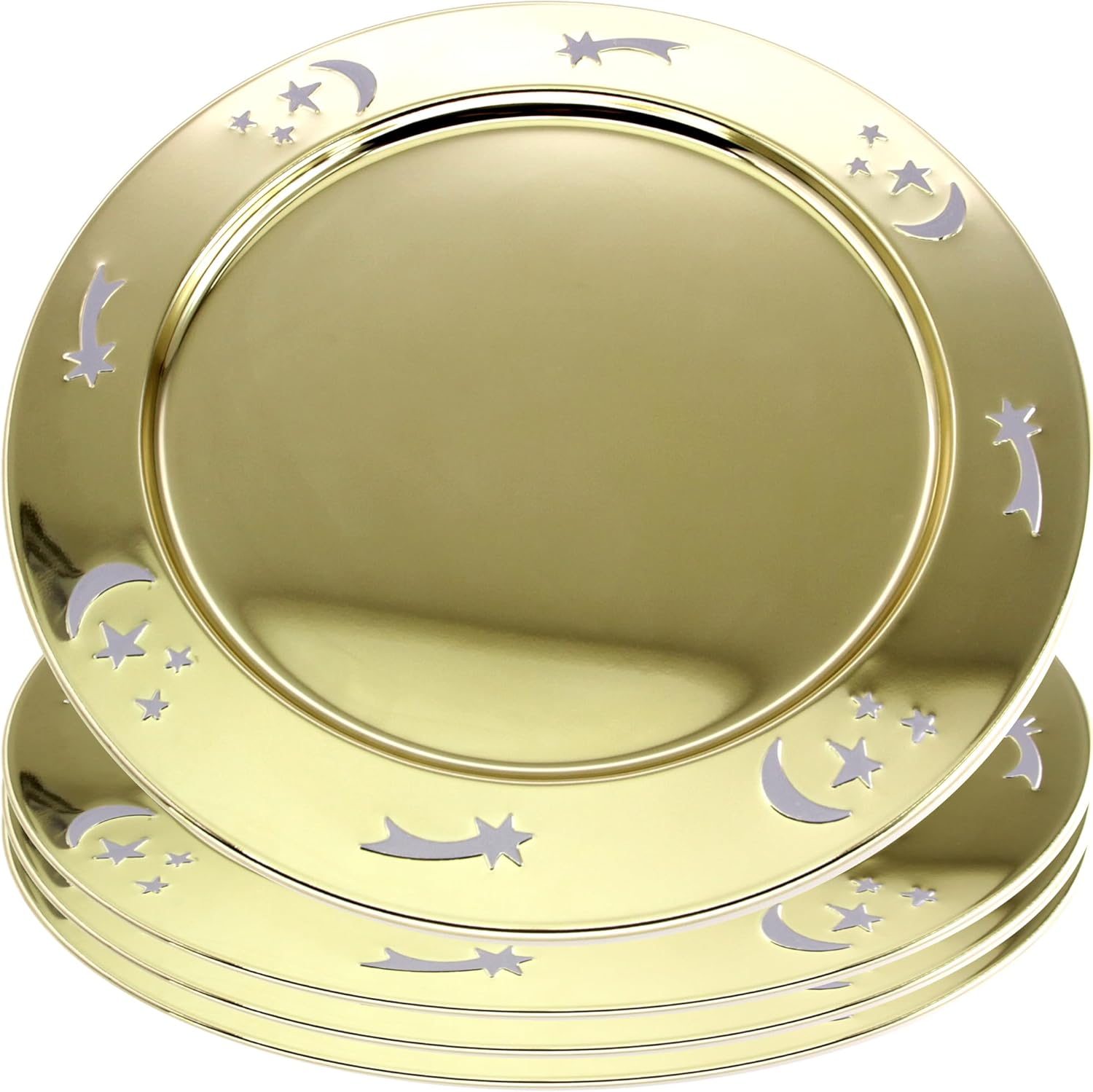 (Pack of 4) 15.4 Inch Round Iron Yellow Gold Plated Serving Tray Shooting Star Moon Engraved Decorative Greeting Party Birthday Wedding Dessert Buffet Candle Snack Platter Plate GD-317