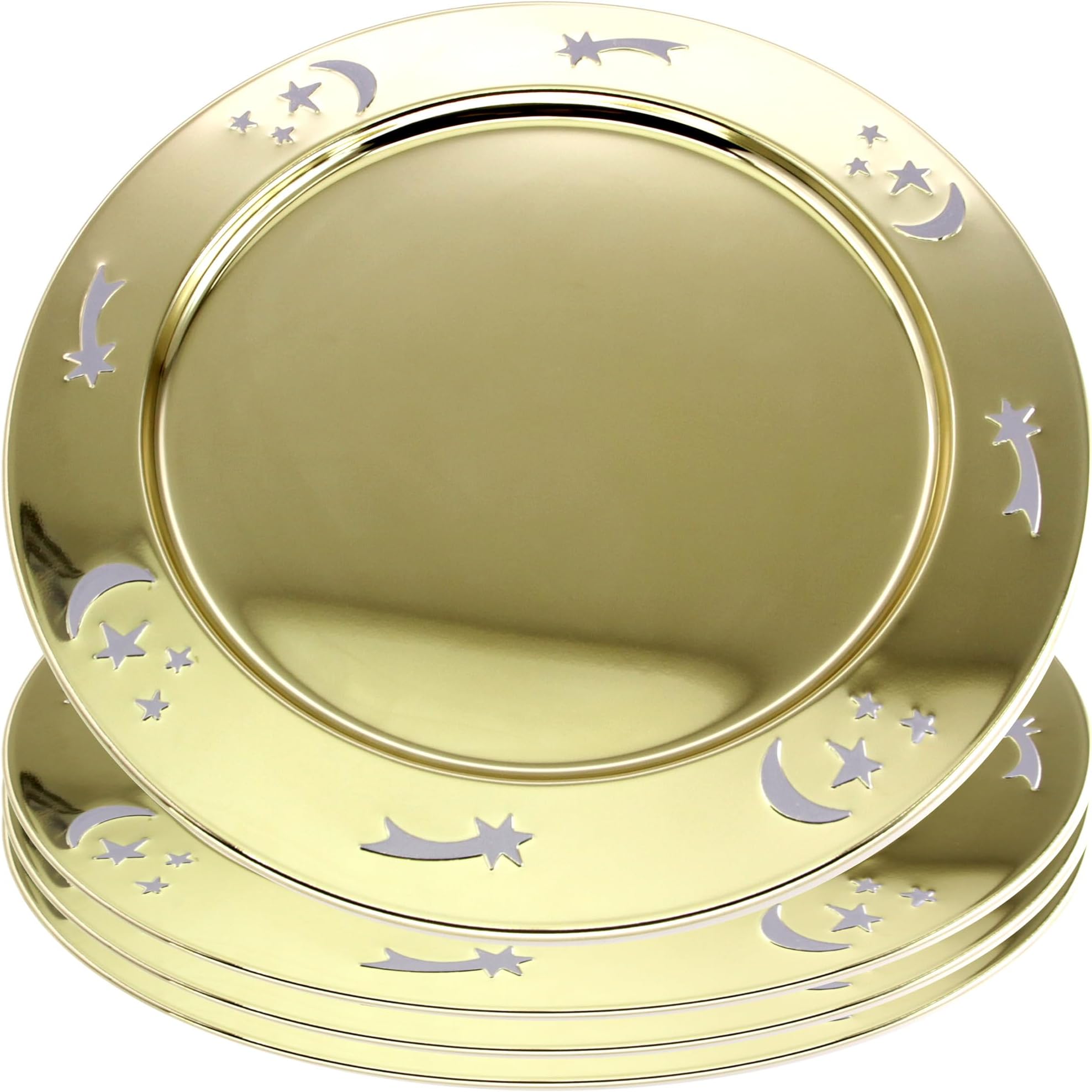 Maro Megastore (Pack of 4) 15.4 Inch Round Iron Yellow Gold Plated Serving Tray Shooting Star Moon Engraved Decorative Greeting Party Birthday Wedding Dessert Buffet Candle Snack Platter Plate GD-317