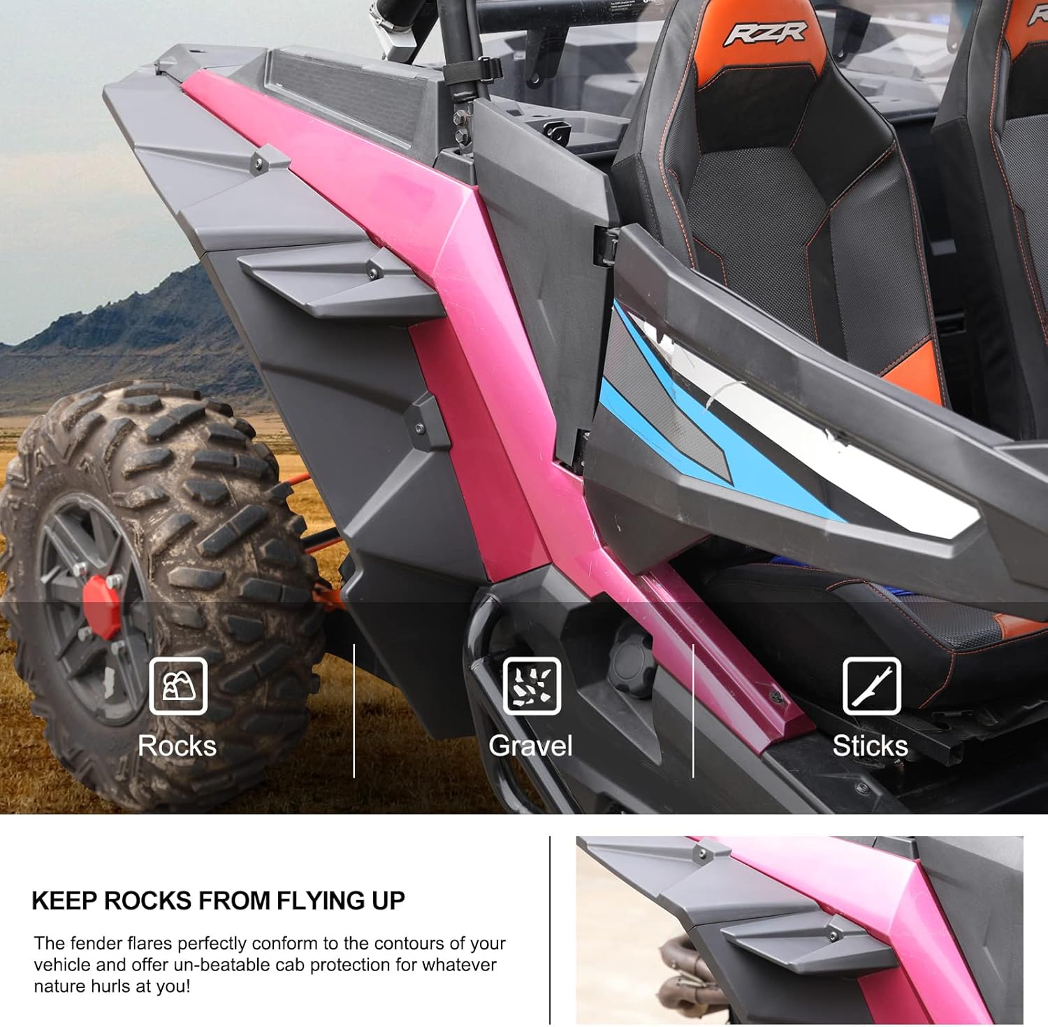 KIWI MASTER 8.5 inch Full Coverage Fender Flares for 2014-2023 Polaris RZR XP/4 1000/Turbo Accessories Front & Rear Widened Fenders Extended Mud Flaps Guards Black