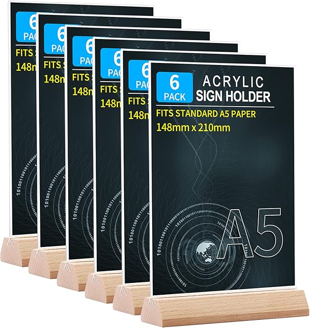 Srvnpioy Acrylic Sign Holders A5 Table Stands (Pack of 6) T-Shape Wooden Base Menu Holders for Restaurants School Office - A5 Display Stands for Menus Poster Document