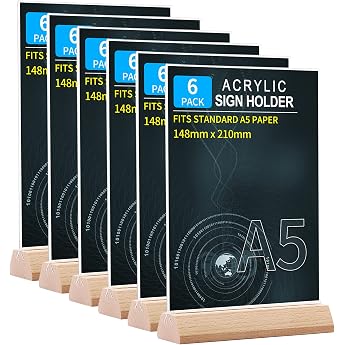 A5 Stand Table Stand Pack of 6 A5 T-Stand Advertising Stand T Stand Wooden Base Menu Card Holder Made of Crystal Clear Acrylic for Restaurants Menus Documents Office