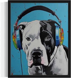 Staffordshire Abstract Art Print Poster, Dog With Headphones Humor Pet Animal Wall Art Decor Picture Painting Decor Gallery 12B (Staffordshire, 8 x 10 inches, Unframed)