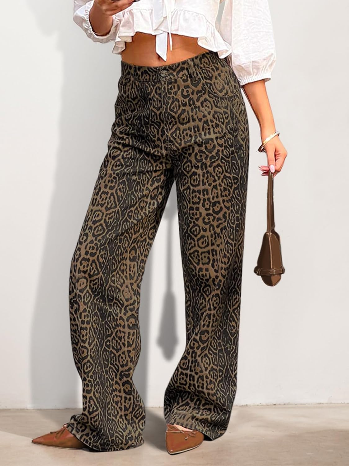 Women's Y2K Oversized Baggy Leopard Print Wide Straight Leg Jeans Stretchy High Waisted Cheetah Cargo Denim Pants - Image 4