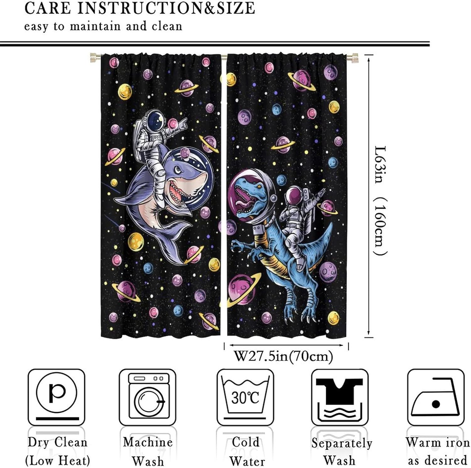 Funny Dinosaur Blackout Curtains - Cartoon Cool Astronaut Riding Shark Psychedelic Galaxy Outer Space Rod Pocket Window Drapes Set Energy Saving Thermal Insulated Drapes for Living Room,55x63in