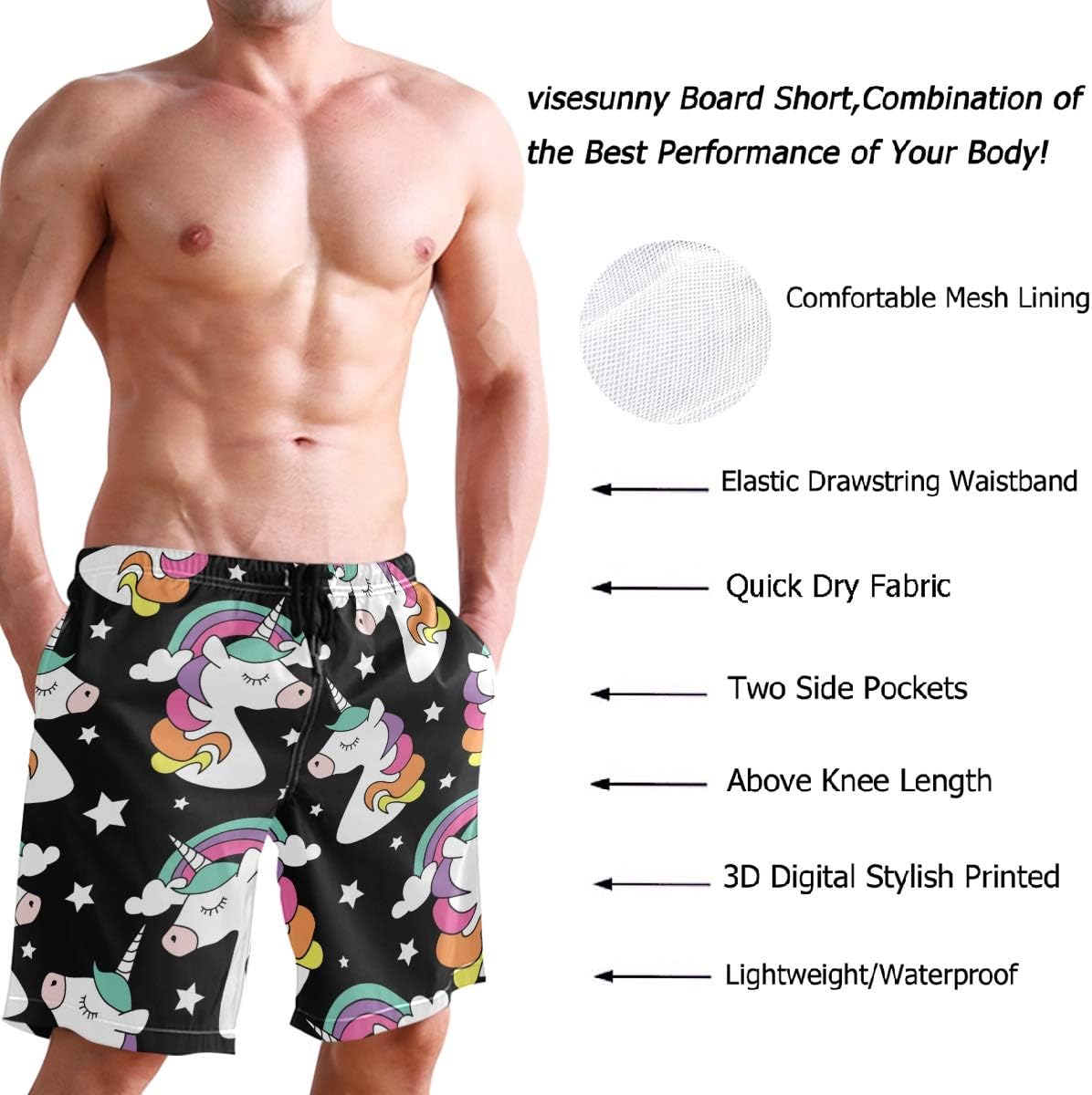 visesunny Hawaiian Men's Summer Beach Shorts Swim Trunks Sports Running Bathing Suits with Mesh Lining