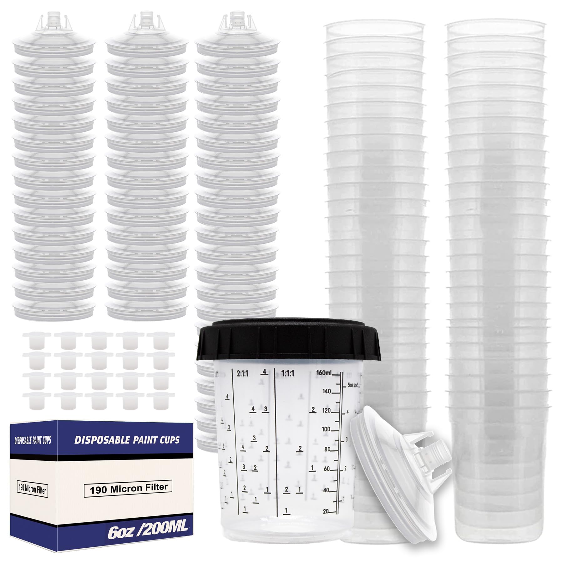 LAUCODisposable Paint Spray Gun Cups Liners and Lid System 50 Cup Liners, 50 Lids, 1 Hard Cup w/Retainer Ring and 20 Plugs - Compatible w/Original 1.0 System (not 2.0) (200ml | 6oz | 190 Micron)
