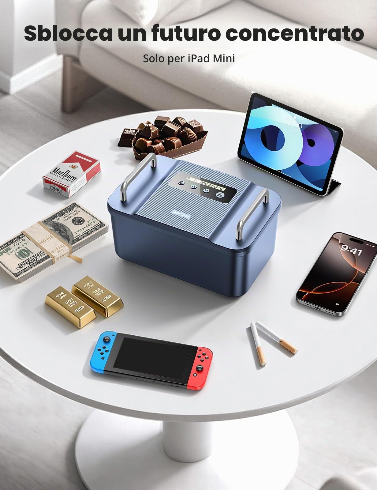 VAYDEER Cassetta di Sicurezza con Timer – Scatola con Lucchetto Temporizzato,Display LCD,Tempo di Blocco Personalizzabile, Manici in Metallo, Alimentazione USB-C – Box Portatile per Telefono e Farmaci