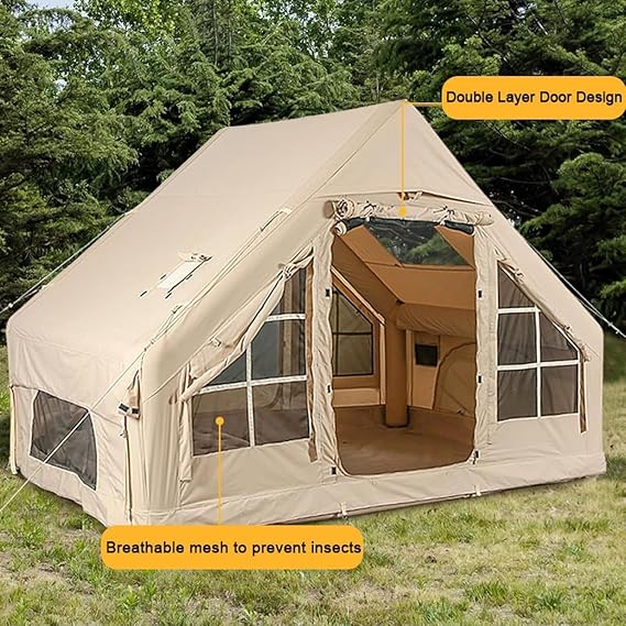 Inflatable Tent House 3-5 Person Family 4 Season Air Tent for Camping, Outdoor Blow Up Tents with Hand Pump, Glamping Tents Large Vestibule, Waterproof and Windproof with Mesh Windows, Quick To Set Up