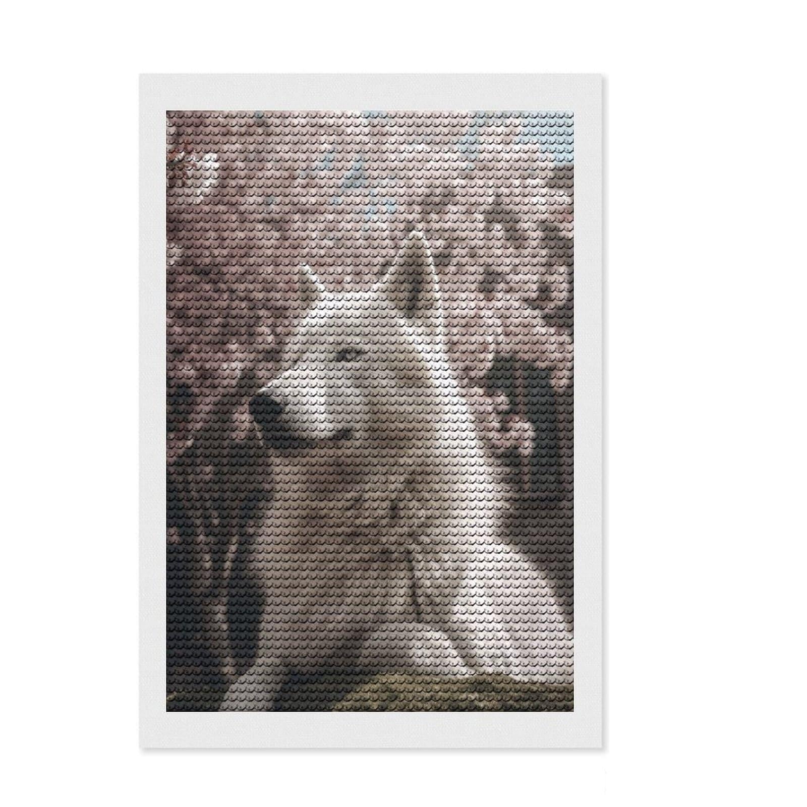 Junmoney White Wolf Cherry Blossom DIY Diamond Art Canvas Kit 8"x12", Round Gems, Creative Hobby, Fun Craft Activity, Vintage Style Decor