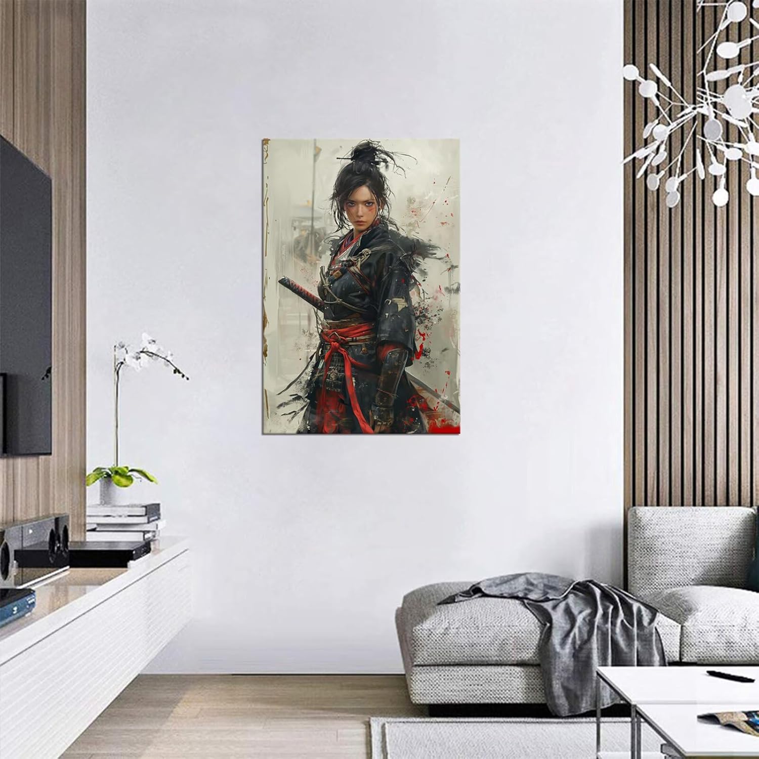 Japanese Female Samurai Wall Art Woman Fight Painting Canvas Prints Warrior Figure Pictures Bushido Posters Japanese Culture Theme Artwork for Bedroom Living Room Decor (24''W x 36''H)