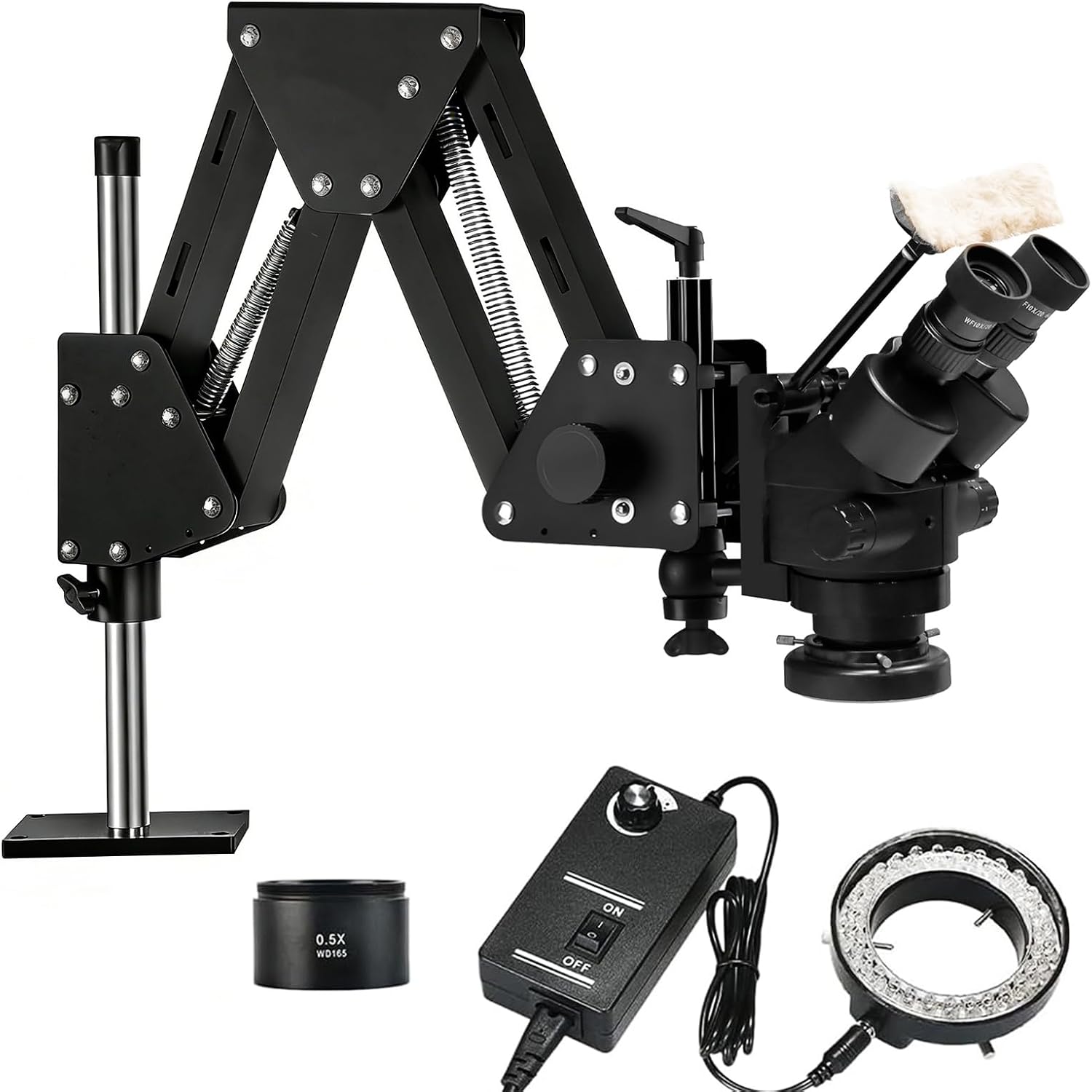 Jewelry Microscope, 7X-45X Magnification with Multi-Directional Spring Stand, 56-LED Ring Light, 0.5X Barlow Lens, for Jewelry Engraving Setting Making