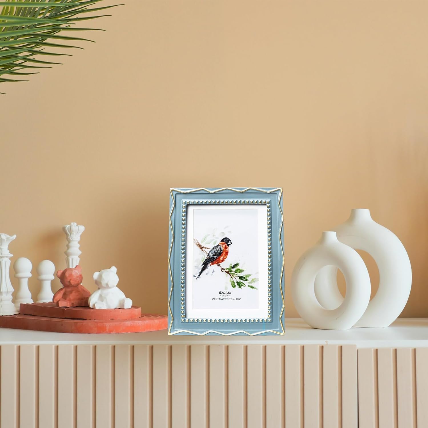 Muted Blue 5x7 Picture Frame with Gold Swirl & Bead Accents, Resin with Real Glass, Matted to 4x6, Vertical and Horizontal for Tabletop or Wall Hanging