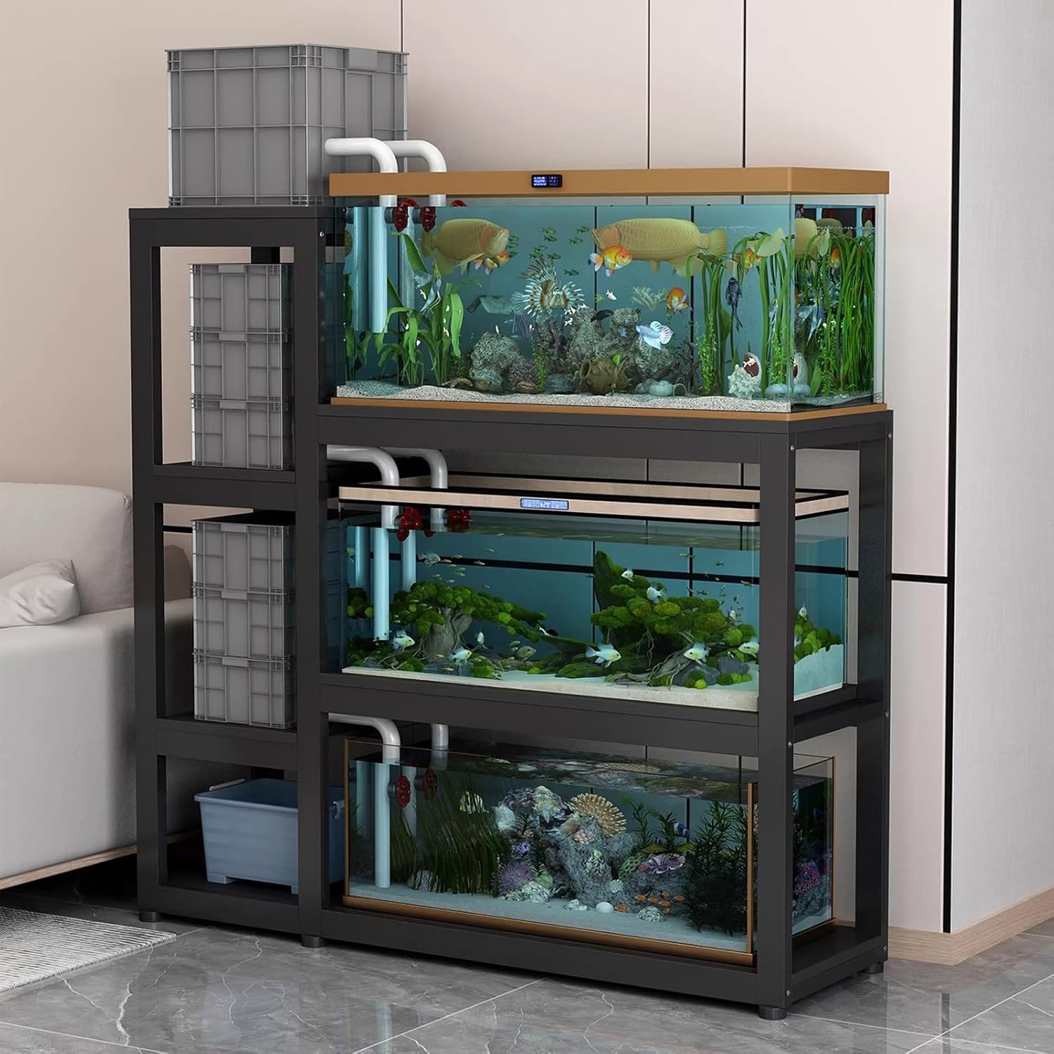3 Tier Fish Tank Stand with Shelves, Aquarium Stand Display Rack, Heavy Duty Metal Frame, with Non-slip Foot Mats, Reptile Terrariums Breeder Tank Stands(Black,60x35x100cm)