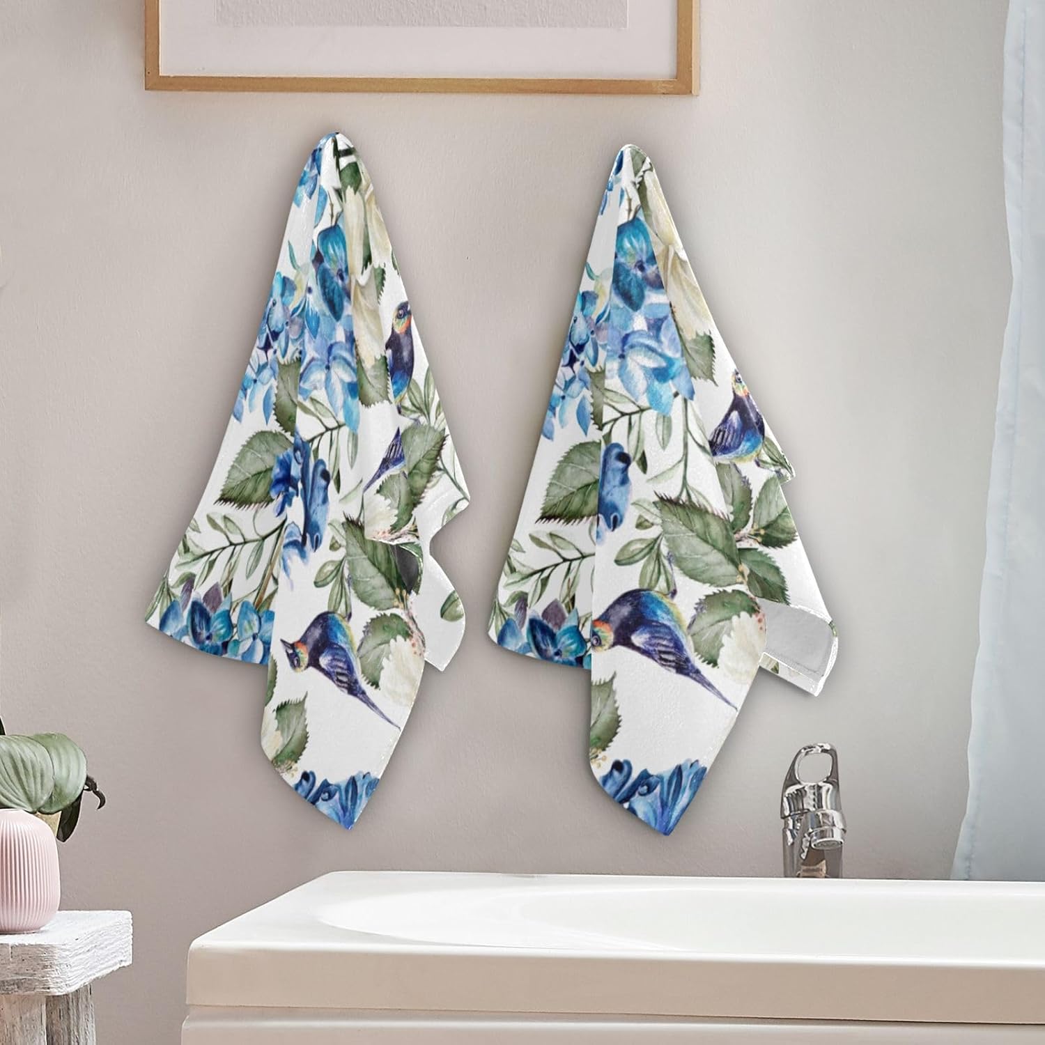Blue White Floral Hand Towels Set of 2 Soft Spring Hydrangea Hibiscus Flower Bath Fingertip Towels Decorative Hand Towels for Bathroom Guest Face Towel Navy Birds Kitchen Dish Towels 14"x28" - Image 3