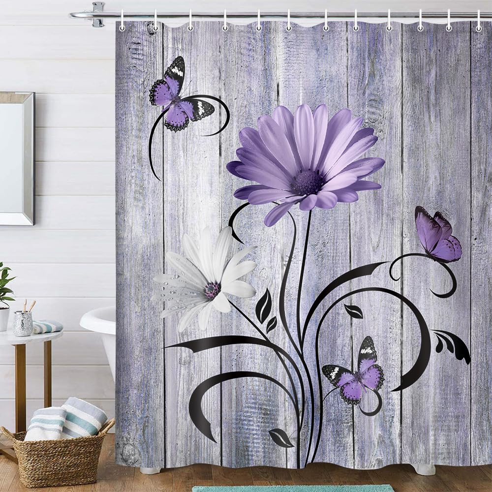Rustic Farmhouse Floral Shower Curtain,Boho Purple Daisy Flowers Butterfly on Country Wooden Bath Curtains for Bathroom,Fabric Wildflower Farm