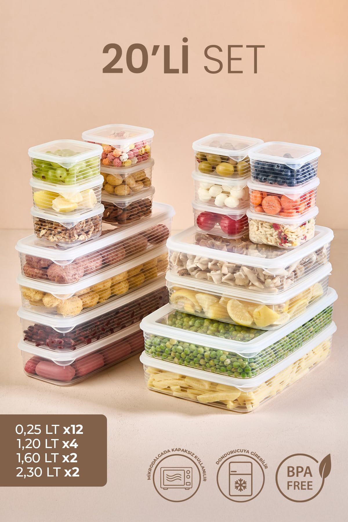 20-teiliges Frischhaltedosen Set mit Deckel – Vorratsdosen 250 ml, 1,2 L, 1,6 L & 2,3 L – BPA-frei, Mikrowellen-, Gefrierschrank- und Spülmaschinengeeignet