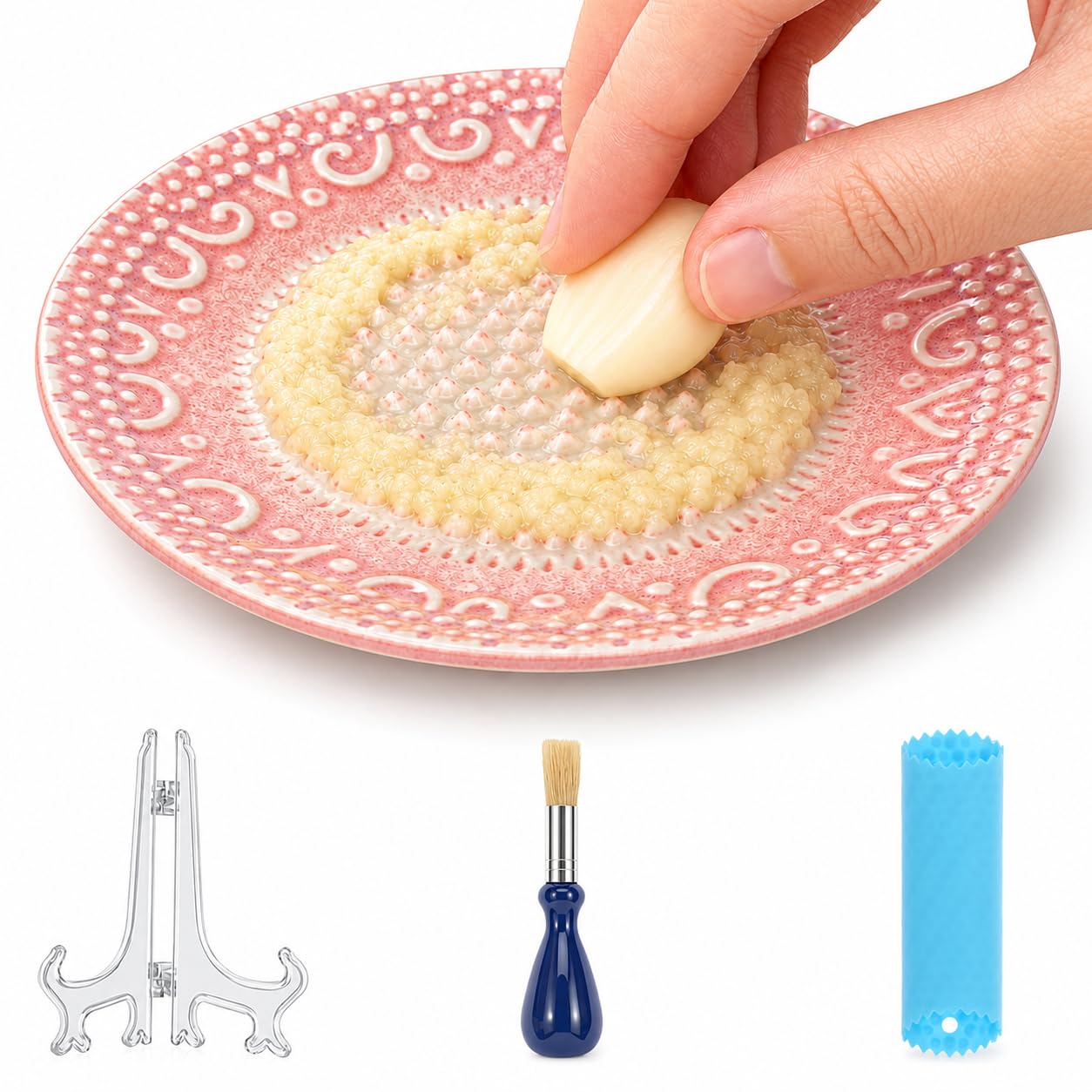 Garlic Grater Plate Set with Brush and Peeler, Dishwasher Microwave Safe