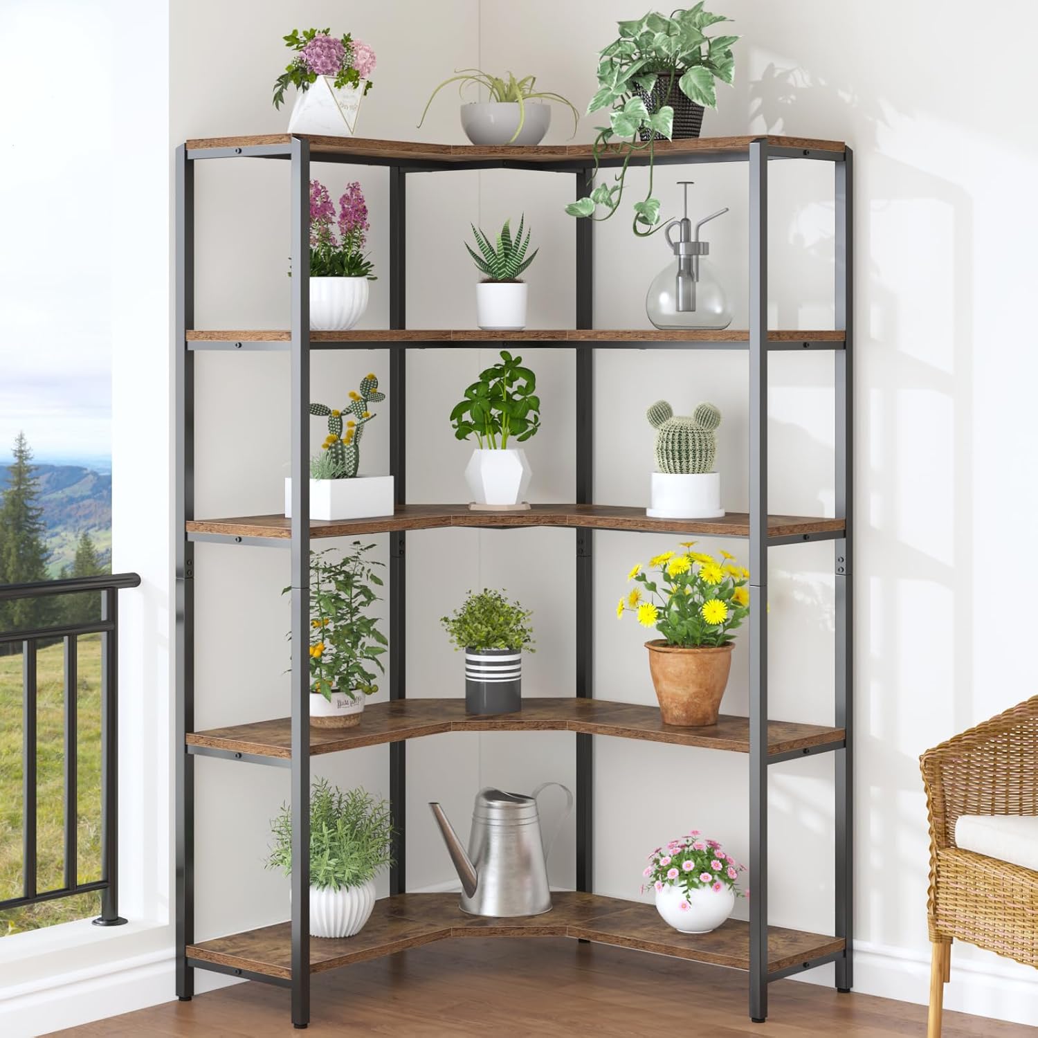 IBF Rustic Bookcases and Book Shelves, L Shaped 5-Tier Corner Bookshelf Book Rack Storage, Industrial Vertical Metal Wood Display Etagere 5 Shelf, Large Book Shelf Case for Bedroom Living Room, Brown