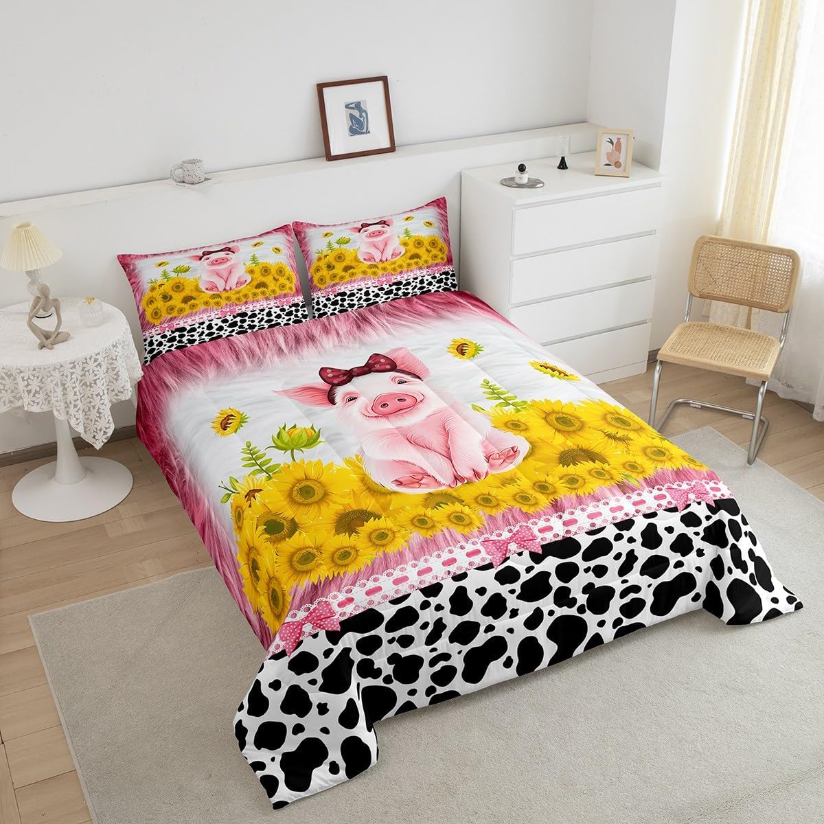 Feelyou Pig Comforter Set Sunflower Comforter for Kids Teens Pink Cow Fur Bedding Set White Cowhide Cow Print Black White Pink Duvet Set Room Decor Room Decor Quilt Queen Size Boys