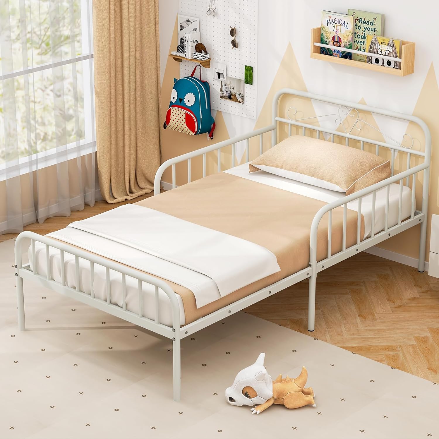 Giantex Metal Twin Bed Frames for Kids, Heavy Duty Metal Platform Bed Frame with Headboard & Safety Guardrails, Modern Toddler Bed with Slat Support for Girls Boys, No Box Spring Needed (White)