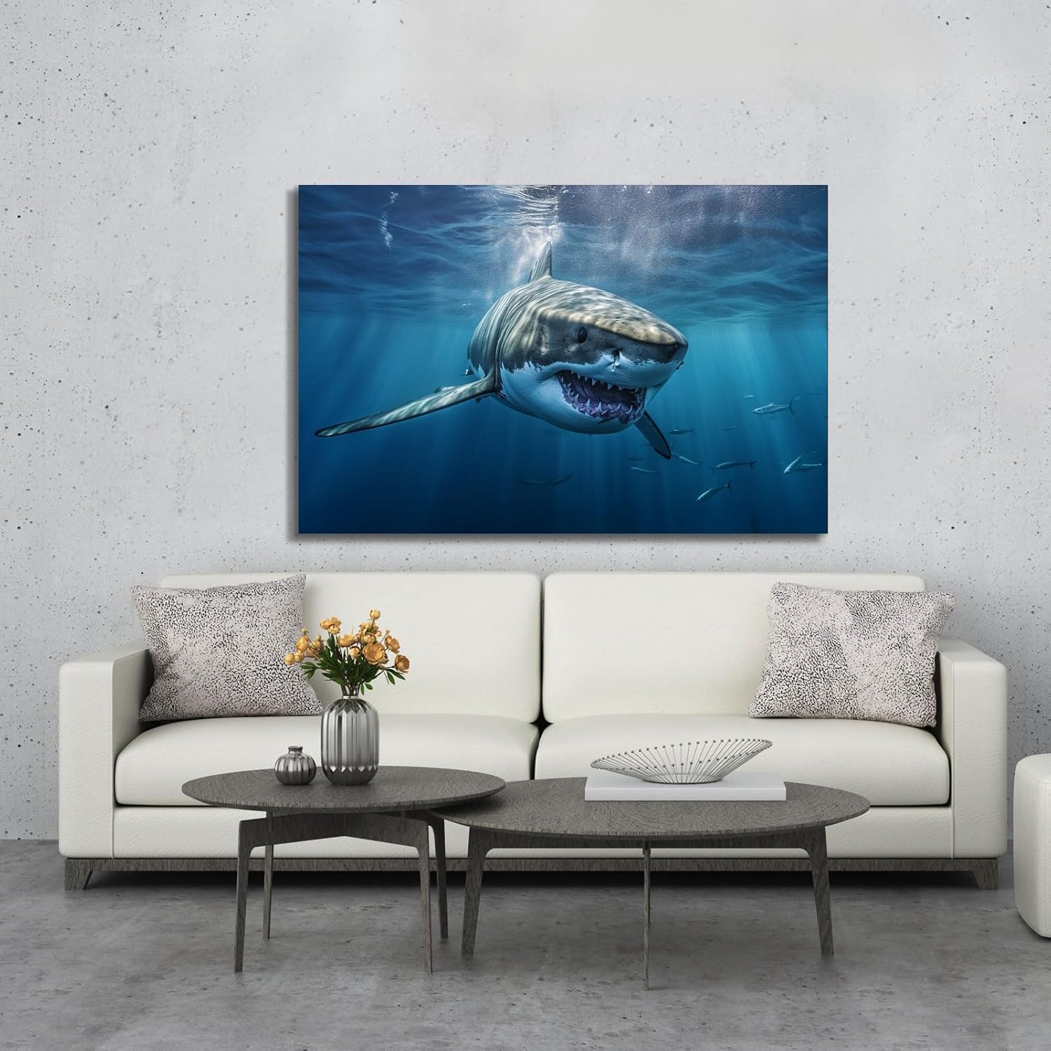YONICA Blue Wall Art Painting Great White Shark Catching Fish At Guadalupe Island Pictures Prints on Canvas Animal The Picture Decor for Home Modern Decoration for Living Room - - 32 X 24 Inches