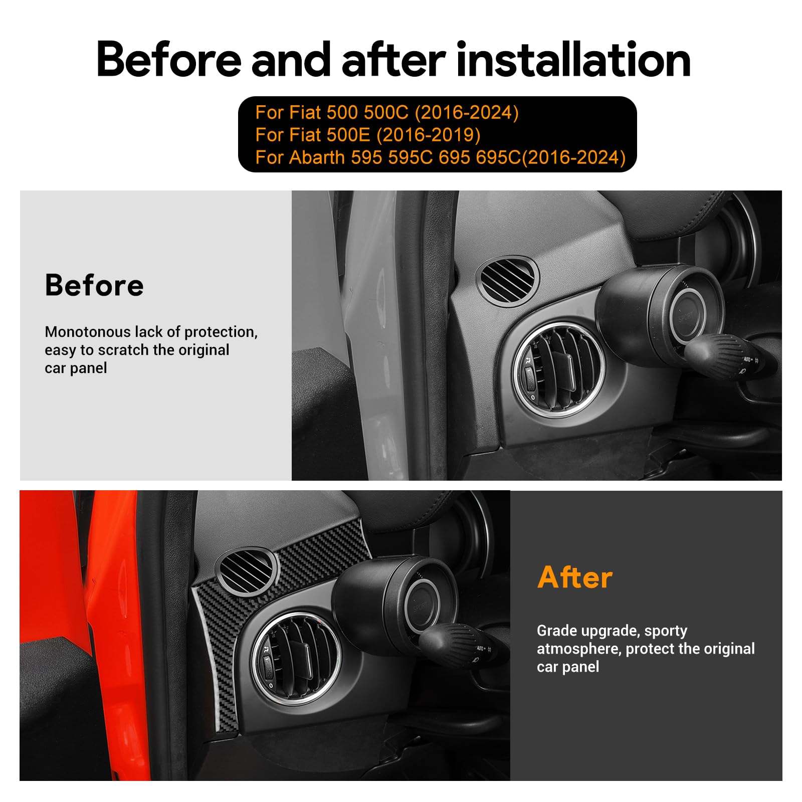 KUNGKIC Per Fiat 500/500C Abarth 595/595C 695/695C 2016-2024 Fiat 500E 2016-2019 Auto Console Centrale Dashboard Trim Fibra di Carbonio Adesivo Interno Accessori (Nero)