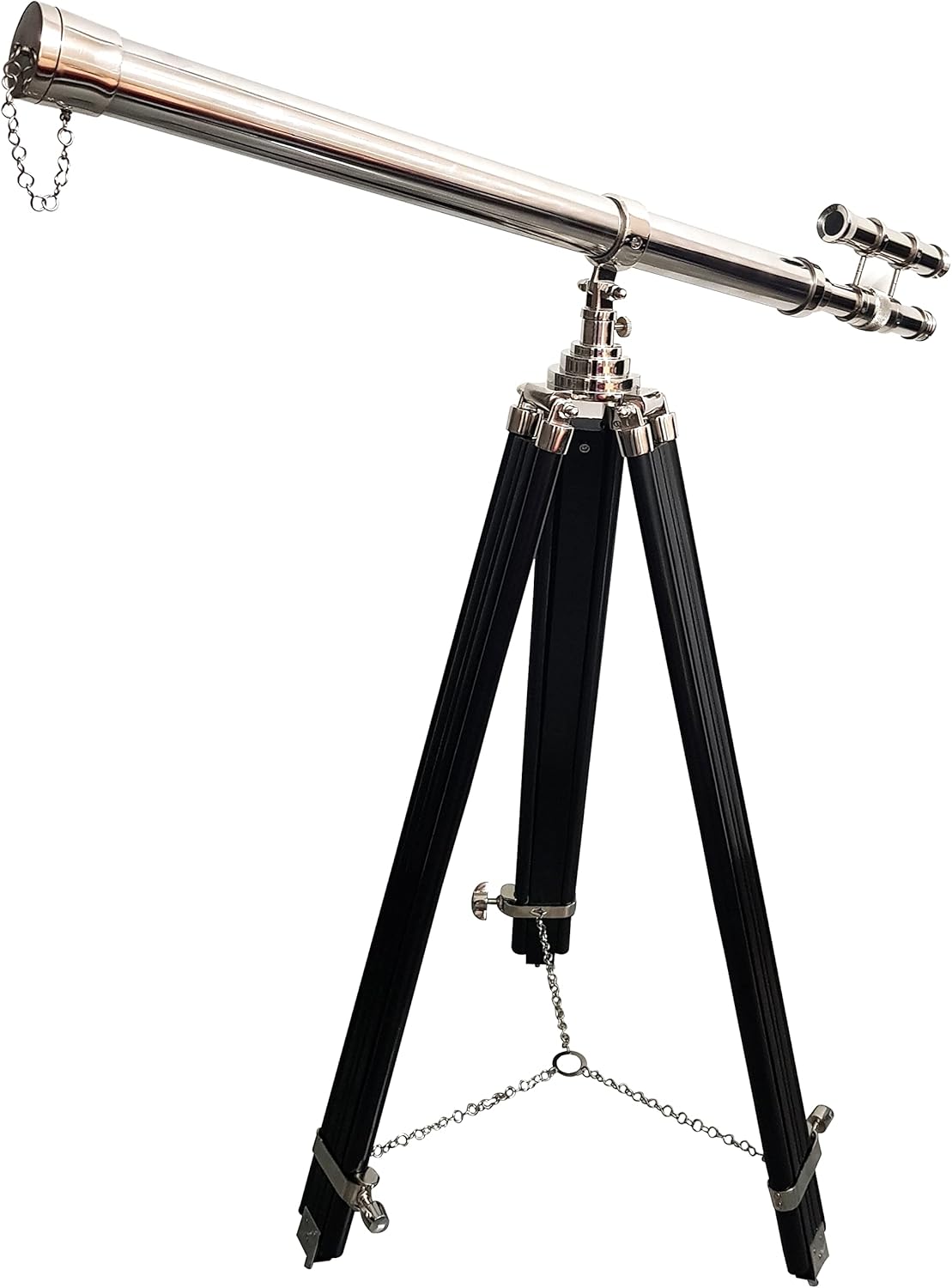 Double Barrel Nickel Finish Floor Telescope – Silver Spyglass with Black Wooden Tripod Vintage Decor for Home Office Collector Gift