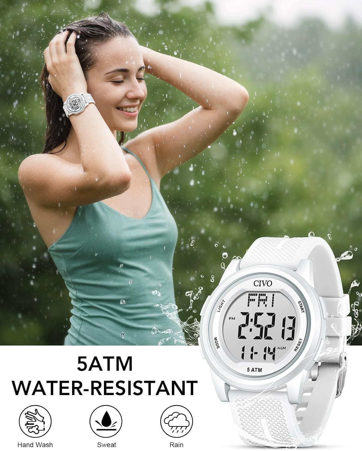 Woman wearing the CIVO Digital Sports Watch in the rain, with icons indicating 5ATM water resistance for hand wash, sweat, and rain.