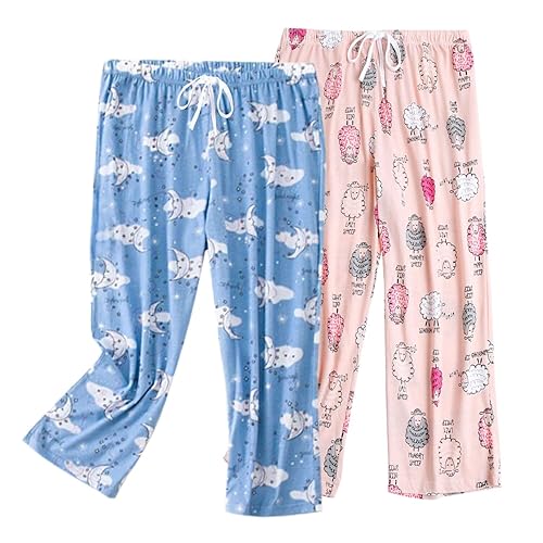 ENJOYNIGHT Women's Capri Pajama Pants Cotton Lounge Bottoms Print Sleep Pants with Drawstring - Medium - Sheep+moon
