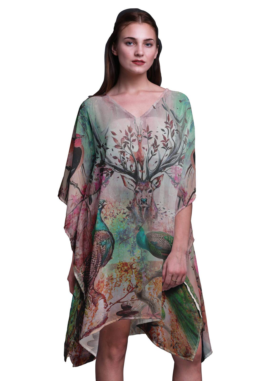 Phagun Blue Peacock Print Kaftan Dress - Women's Midi Beach Cover Up With Kimono Sleeves - View #9