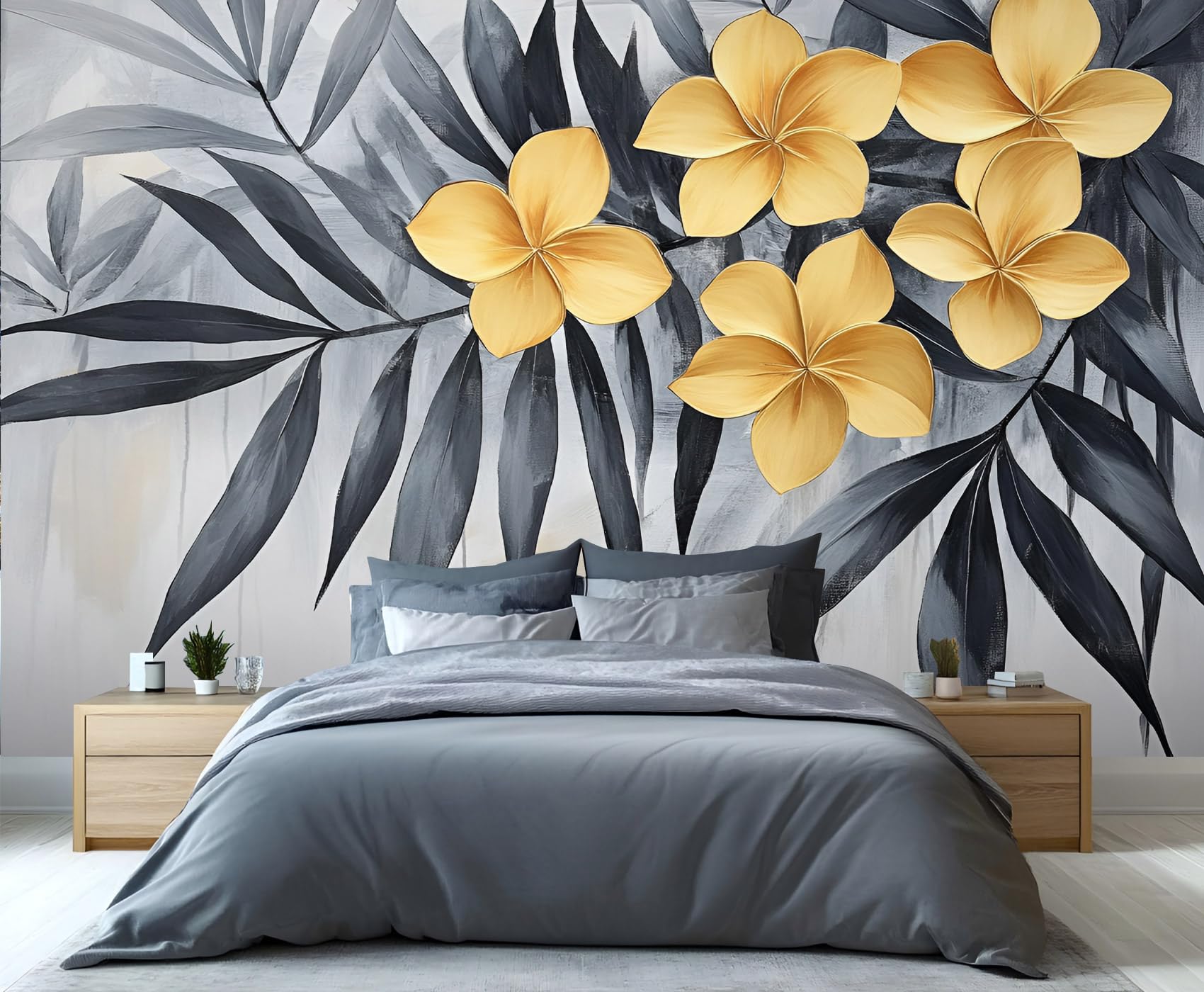 YXQAIED Gold Floral Wallpaper Grey Leaf Wall Mural, Black Gray Tropical Mural Wallpaper for Living Room Bedroom Decor - 3D Photo Wall Art 400x280 cm