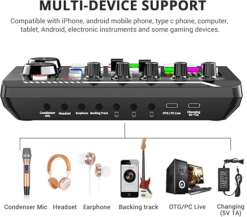 Miniatura 4 de Facmogu Mezclador de audio con tarjeta de sonido en vivo F998, interfaz de audio de podcast con efectos de mezclador de DJ, cambiador de voz