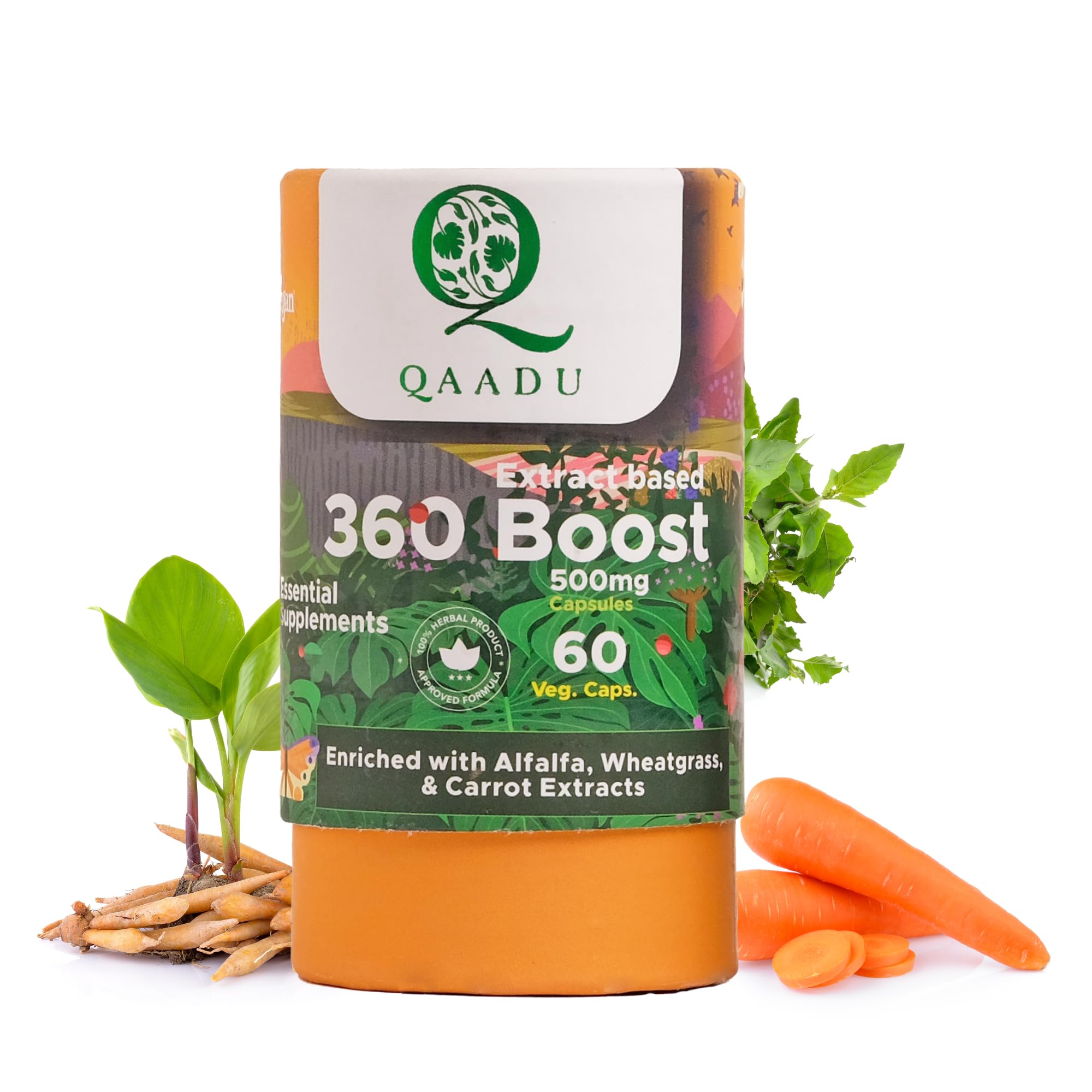 QAADU 360 Boost Multivitamin Capsule 60pc | Multivitamin for Men & Women, Ayurvedic Health Supplement, Ashwagandha, Triphala, Brahmi, Giloy | Reduces Fatigue, Acidity | Vegan Multivitamin for Adults